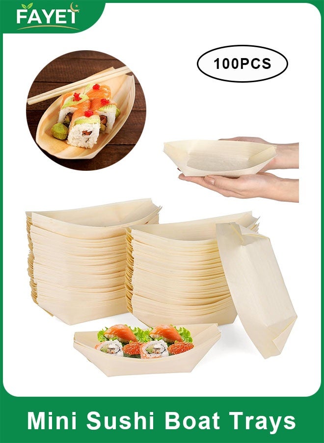 FAYET 100Pcs Mini Sushi Boat Serving Trays, Disposable Wooden Appetizer Bowls, Eco-Friendly Bamboo Boat Plates for Sushi, Snacks, Desserts, Party and Catering Use(8×6x3cm) - Image 1